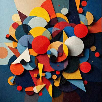 The primary subject of the image is a collage of various shapes, colors, and patterns. The setting is a blue background, and the visual style appears to be a combination of digital art and illustration. The colors and mood of the image are vibrant and lively, with a mix of orange, blue, yellow, and red colors. The collage is made up of different shapes, including circles, triangles, and squares, creating a diverse and visually engaging composition.